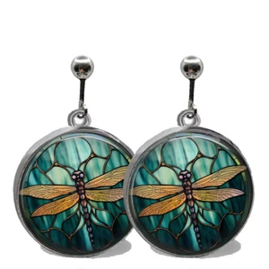 Dragonfly Clip On Earrings Dangle Teal Boho Faux Stained Glass Art Nouveau - Picture 1 of 4