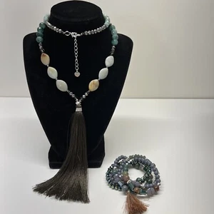 Nakamol Teal, Smoky & Cream Color Toned Tassel Necklace & Bracelet Jewelry  - Picture 1 of 12