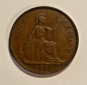 1937 GREAT BRITAIN GEORGE VI PENNY KM-845 Higher Grade - Picture 1 of 2