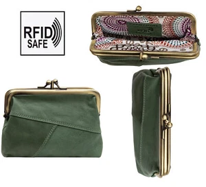 Crumble Womens Sage Green Soft leather Double Clip Top Purse RFID Blocking NEW - Picture 1 of 7