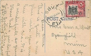 Fidschi Postgeschichte: Postkarte 1946, Suva nach Springfield, Minnesota USA - Bild 1 von 2