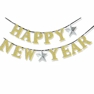 Happy New Year Eve Gold Glitter Garland Banner Bunting Years Party Decoration - Picture 1 of 1