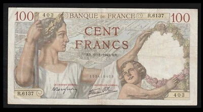 France, 100 Francs, 1940, P-94, VF++ Banknote, Mercury / Ceres - Image 1 of 2