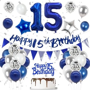 Blue 15th Birthday Decorations for Boy - Balloons, Banner, Cake Toppers, Number - Picture 1 of 7