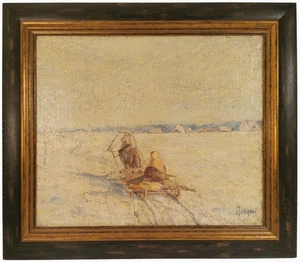 VASILY BELIKOV (RUSSO, 1922-1994) FIRMATO O/C PAESAGGIO INNEVATO CON SLITTA TRAINATA DA CAVALLI - Foto 1 di 21