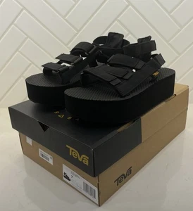 TEVA FLATFORM MEVIA SCHWARZ PLATEAU LEDER GLADIATOR SANDALE US 7 EU 38 NEU - Bild 1 von 6