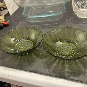 Vintage 2 Indiana Glass AVACADO Green Scallop SUNFLOWER Text BOWL 6.5"D x 2". Nc - Picture 1 of 8