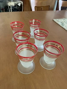 SET OF 6 MCM Cordial Shot Glasses Frosted Footed Striped Red Gold Rimmed - Picture 1 of 3