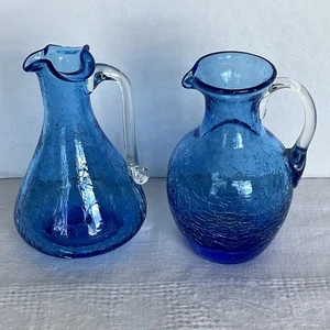 Estate Found Blue Crackle Glass Pitchers with Clear Applied Handles  - Picture 1 of 13