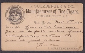 1884 ad postal card S Sulzberger & Co fine cigars 78 Barrow St New York - Picture 1 of 2