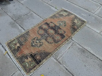 Vintage Turkish Oushak Rug 3.3x1.6 ft – Small Runner, Faded Rust Olive - Image 1 of 4