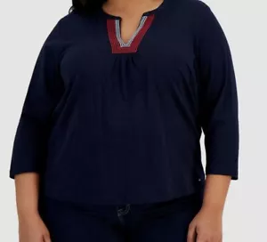Top Tommy Hilfiger para mujer azul algodón cuello dividido talla grande 2X - Imagen 1 de 2