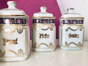 Antik 6x Porzellan Dose Vorratsdosen Gewürze Rosen Golddekor Jugendstil - Bild 1 von 17