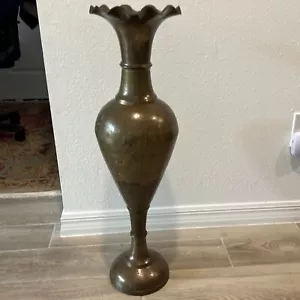 Vintage Large 30'' Etched Brass Vase With Ruffled Top - Picture 1 of 14