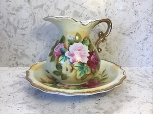 Norcrest Pottery Pitcher & Bowl Set Handpainted Pink & Yellow Roses #L-319 - Bild 1 von 10