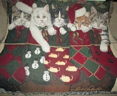 New Christmas Kittens Woven Afghan Tapestry Throw Gift Blanket NIP Holiday Cat - Image 1 of 3