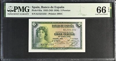 Spain 5 Pesetas 1935 ND 1936 P 85 a Gem UNC PMG 66 EPQ - Image 1 of 3