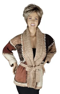 Vtg 70s Kennington Patchwork Cable Knit & Leather Boho Cardigan Sweater Belted M - Picture 1 of 11