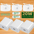 3Pack 20W USB Type C Fast Charger For iPhone 14 13 12 PD Power Adapter Cable Lot