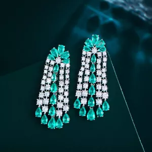 Lange hängende Tropfen Quaste Ohrringe hellgrün CZ Braut Hochzeit Mode Schmuck - Bild 1 von 8