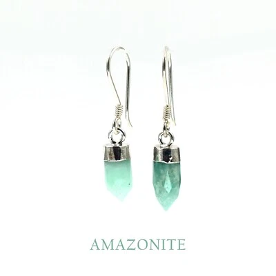 Pencil Point Natural Amazonite Dangle Hook Earrings For Women Statement Jewelry - Image 1 of 4