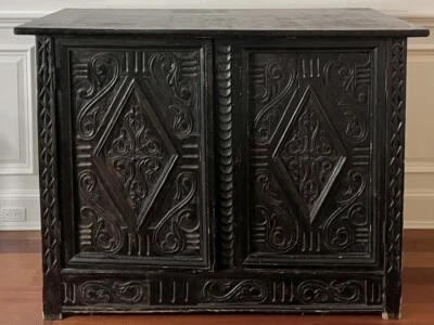Antique Indonesian Ebonzied Cabinet With Carved Diamond Motif And Scrolls  - Image 1 of 4