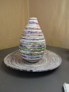 Serry Hand Rolled Magazine Paper Vase 11" & Flat Bowl 14" - Picture 1 of 6