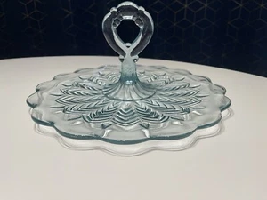 Jeannette Glass Light Blue Feather Handle Tidbit Sandwich Plate Tea Tray Vtg - Picture 1 of 14