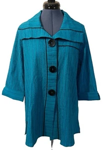 Ali Miles Blue Black Trim Shawl Collar Button Up Swing Tunic Jacket Lagenlook M - Picture 1 of 12