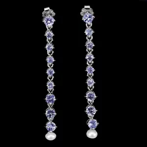 Pendientes De Plata 925 De Verano Con Gemas De Tanzanita Y Perla - Imagen 1 de 9