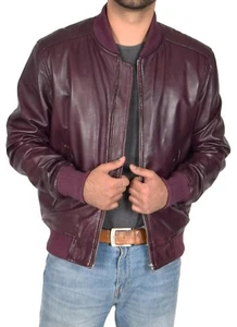 Leather Jacket Mens Biker Coat Motorcycle Vintage Men Bomber Lambskin Burgundy A - Bild 1 von 5
