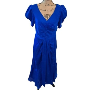 Dkny Royal Blue Crinkle Party Cocktail Gathered Front Midi Dress Size 4 New - Picture 1 of 10