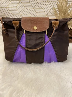 Longchamp Le Pliage Expandable Nylon Tote Purse Brown & Purple Good Read  - Image 1 of 4