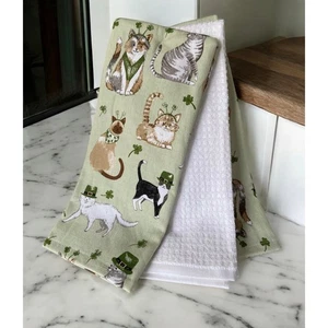 NWT Irish St. Patrick's Green Tabby Cat Cats Kitten Kitchen 3 Piece Towel Set - Picture 1 of 2