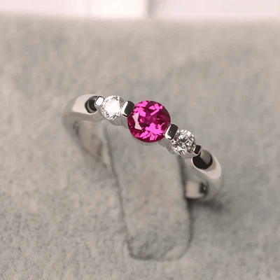 925 Sterling Silver Pink Ruby Lab Created Women Dainty Ring US Duty Free - Image 1 of 4