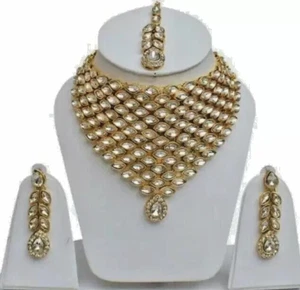 Indisches Bollywood vergoldet Kundan Halsband Braut Halskette Ohrringe Schmuck Set - Bild 1 von 2