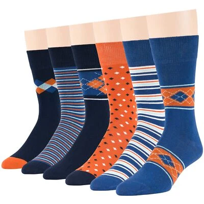 Men Cotton Novelty Sock 6 Pack Argyle Diamond Dots Striped Large Navy Orange - Image 1 of 4