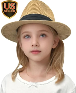 Little Kids Girls Boys Summer Fedora Straw Hat Wide Brim Floppy Beach Sun Visor - Picture 1 of 8
