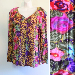 Vintage 80s Shirt Womens XL runs 1X Bright Floral Rayon Button L/S Cape Collar - Picture 1 of 8
