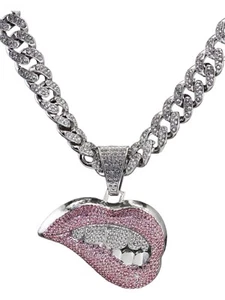Women 18’ Choker Pink Lip Biting Pendant Hip Hop Cuban Chain - Picture 1 of 5