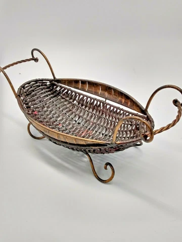 Antique Wrought Iron and Dark Wicker Woven Basket 17" x 8" Cover
