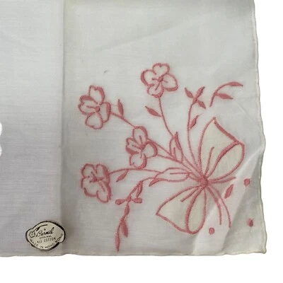 Handkerchief White Hankie Embroidered Square 12x11.5” Floral Bow Pink Burmel - Image 1 of 4
