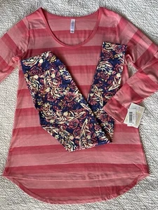 Conjunto Lularoe Lynnae Top Pequeño Coral Rayas y OS Azul Marino Crema Rosas Leggings - Imagen 1 de 5