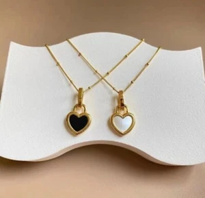 Titanium Gold Double-Side Love Heart Black Onyx White Shell Pendant C. Necklace - Picture 1 of 3