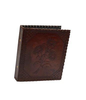 Herbarium Akten Ordner 2 Ringe DIN A5 Echt Leder Handmade Indien Blume Prägung