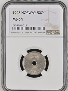 NORWAY 50 Ore 1948, NGC MS64 Choice UNC, Lustrous High Grade. A4 - Picture 1 of 2