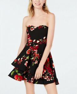 B Darlin Junior's Strapless Floral Fit&Flare Dress, UK 12, Black/Cranberry, BNWT