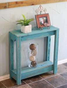 Turquoise Reclaimed Wood Console Table 30” Rustic Entry Accent Shelf Farmhouse - Picture 1 of 8