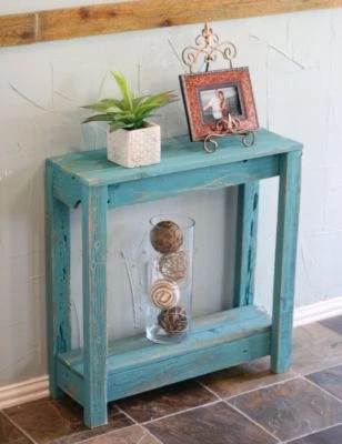 Turquoise Reclaimed Wood Console Table 30” Rustic Entry Accent Shelf Farmhouse - Image 1 of 4