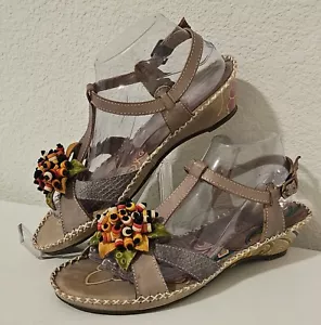 Spring Step L’Artiste Pakuna Wedge T-strap Beaded Floral Slingback Sandal Sz40/9 - Picture 1 of 15